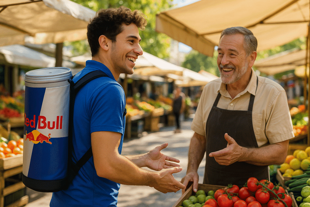 Energetic Salesman at Market