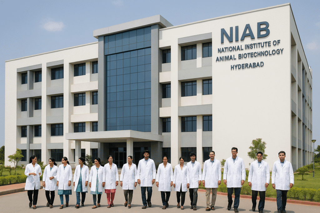 “National Institute of Animal Biotechnology Hyderabad campus building with staff”