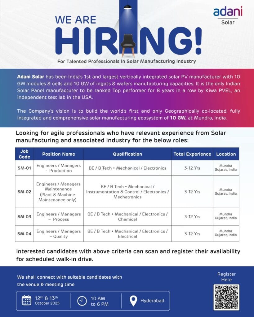 Join India’s leading solar manufacturing company – apply for Adani Solar Jobs 2025.