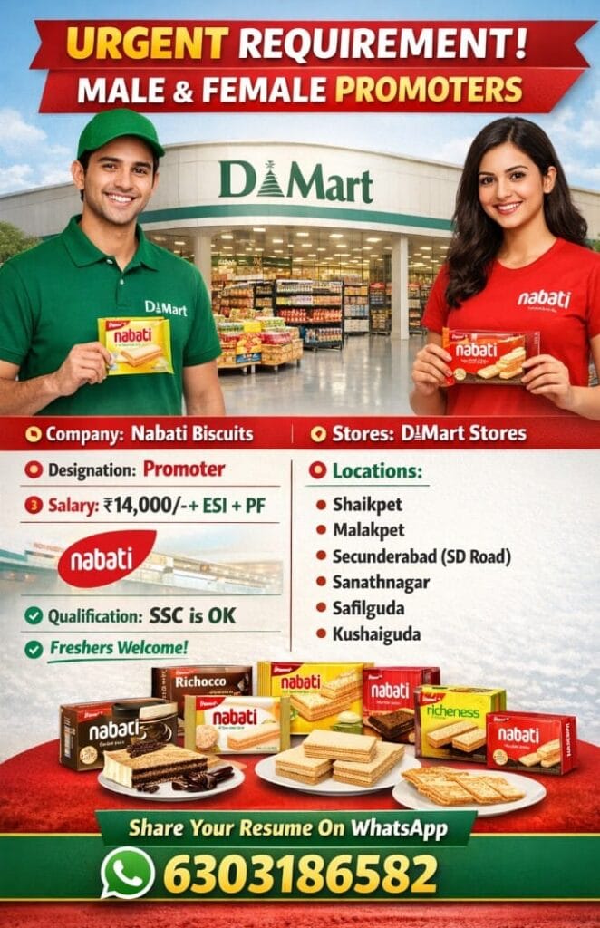 Retail company hiring promoters and sales executives with direct interview selection process.