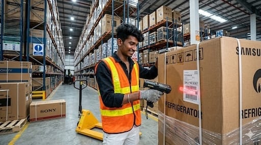 Warehouse staff packing electronic products in distribution center